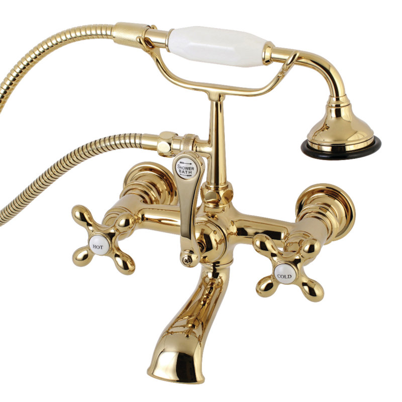 Kingston Brass Aqua Vintage Three-Handle 2-Hole Tub Wall Mount Clawfoot Tub Faucet with Hand Shower, Polished Brass