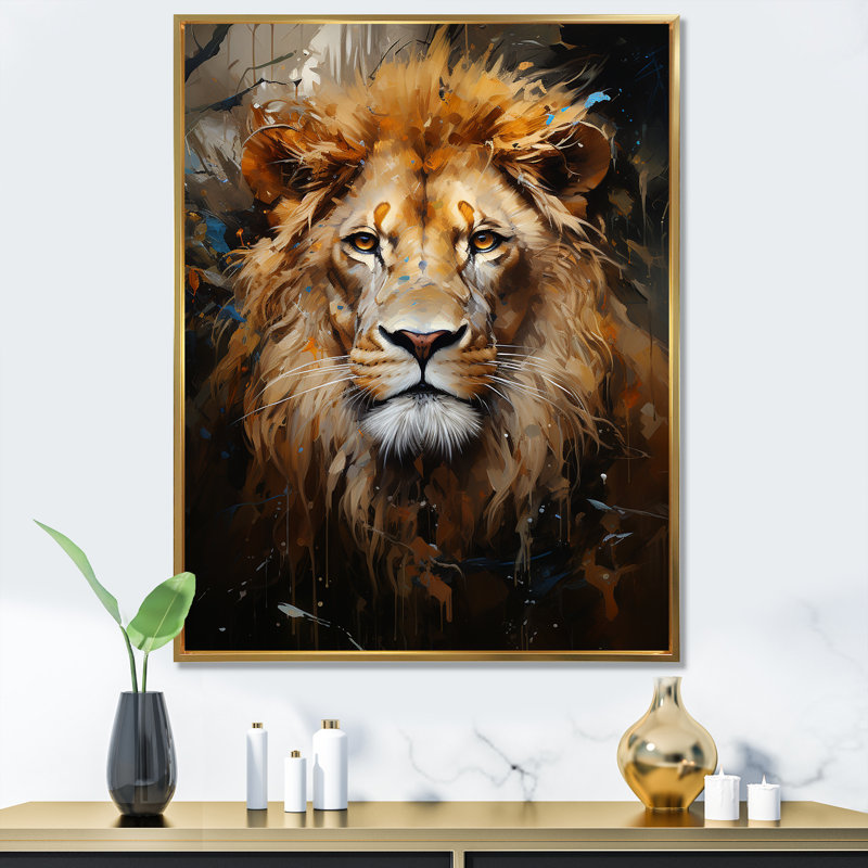 «Mighty Monarchs Lion Portrait I», reproduction sur toile, Cadre flottant doré, H 32 po x l 24 po x P 1 po