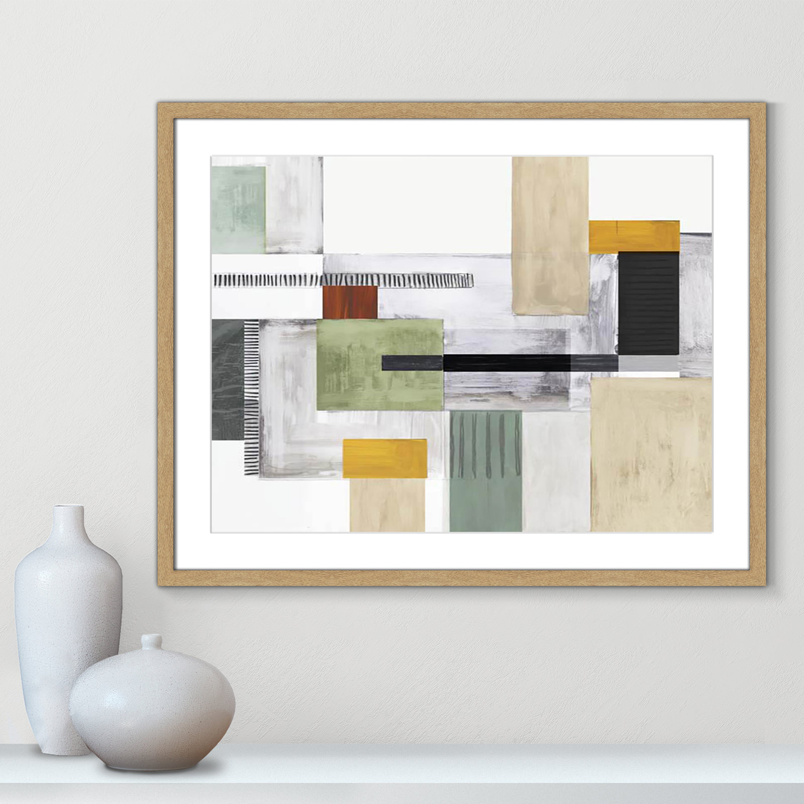 Playful Blocks Print by Tom Reeves, White, Natural Box Picture Framed, 23.5" H x 29.5" W x 1.25" D