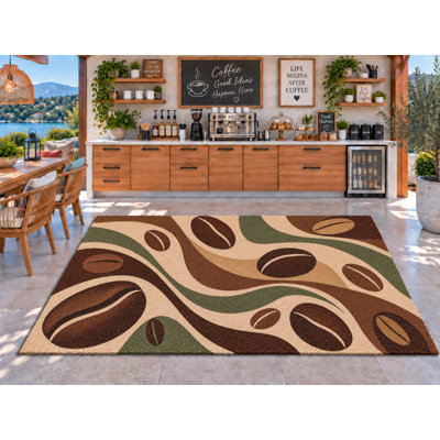 Tapis d'extérieur 5' x 7' à motif rayures ondulées « grains de café », épais, solide, imperméable, en PVC bouclé, tapis de patio robuste, tapis d'intérieur/extérieur à séchage rapide pour cuisine, porche, terrasse, balcon, entrée.