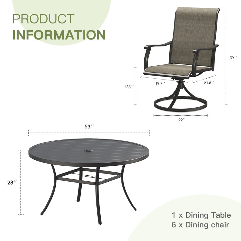 7 Pieces Patio Round Table Outdoor Dining Set With Swivel Chair, Black/Brown, 6