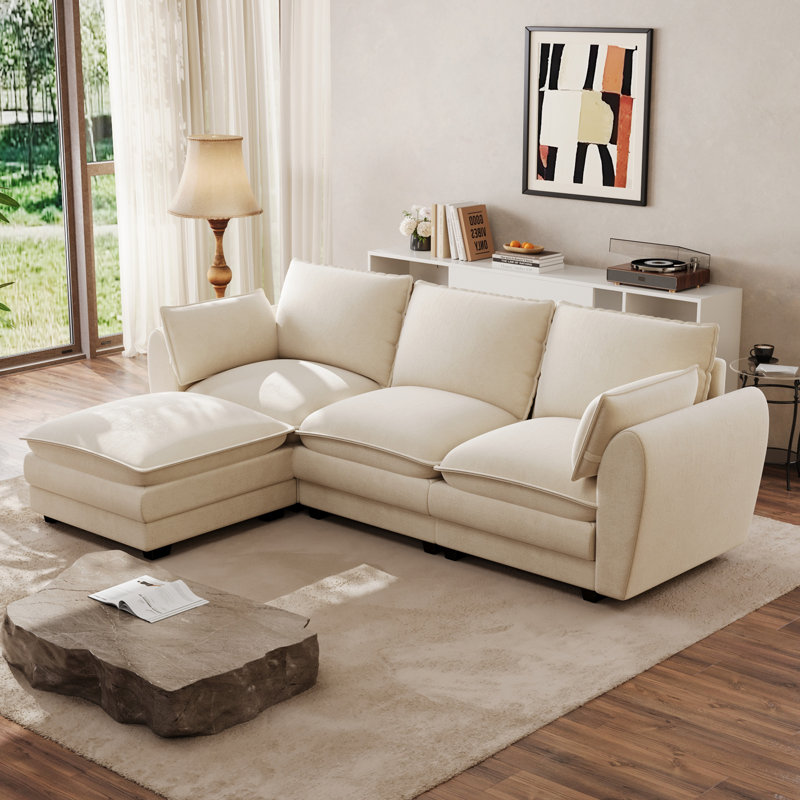 Canapé modulaire en L avec repose-pieds, Beige, Forme en L