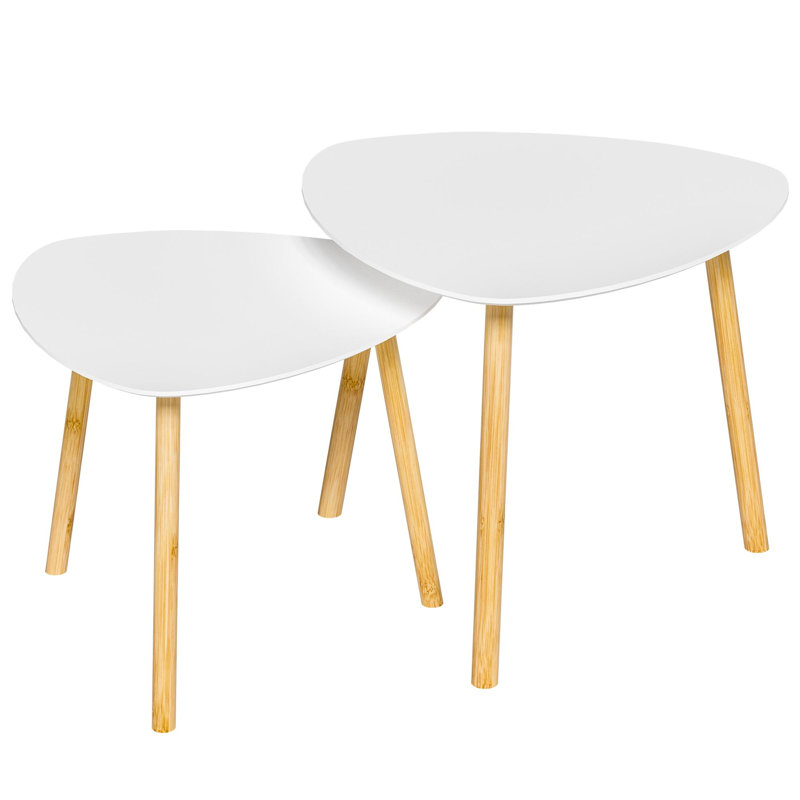 Ensemble de deux tables basses triangulaires imbriquées en bois naturel et blanc