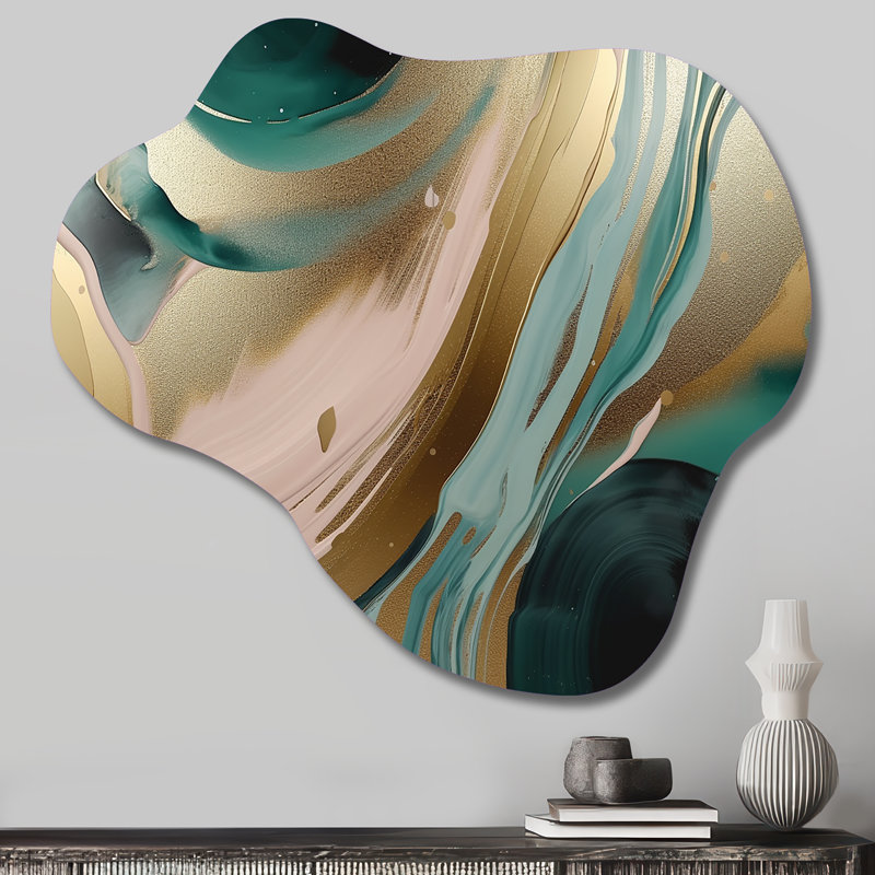 Gold And Green Marbled Euphoria V - Cloud Abstract Marble Metal Wall Art, Asymmetrical Metal Wall Sculpture Print