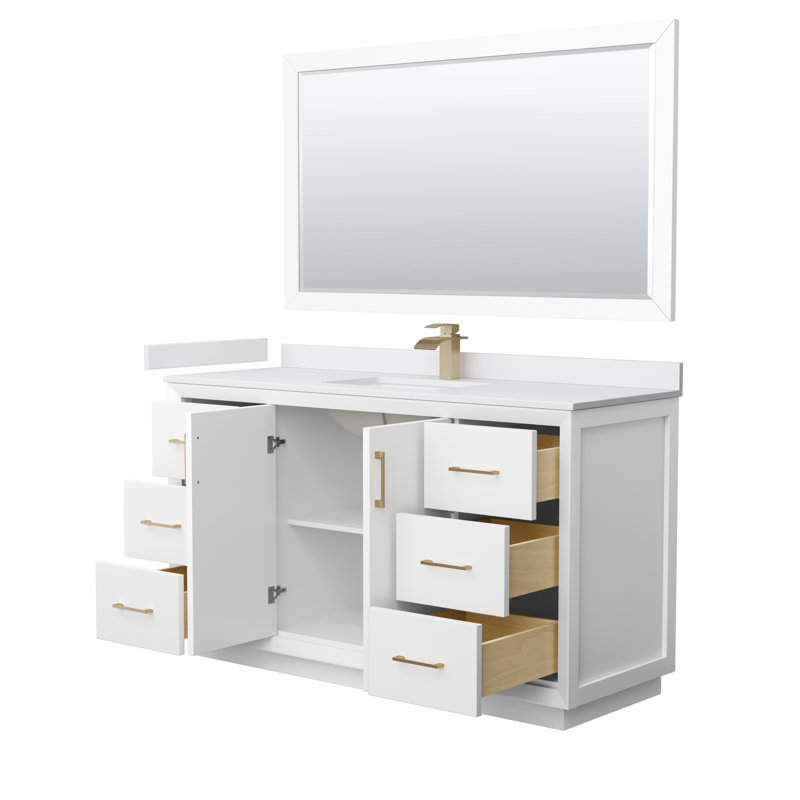 60'' Single Bathroom Vanity with Cultured Marble Top, Satin Bronze, White, Carrara Cultured Marble