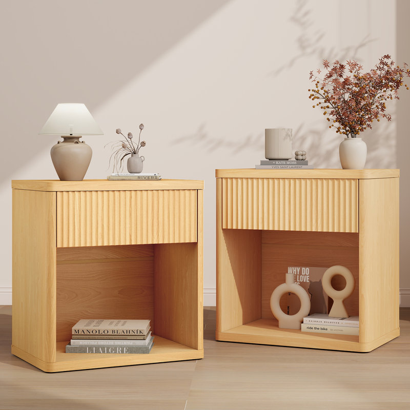 Modern Fluted Nightstand Set Of 2 – Mid-Century Bedside Tables With Drawer & Open Storage – Large Wide End Table For Bedroom & Living Room