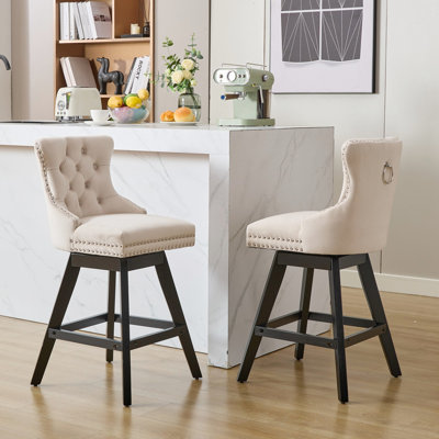 Beige Velvet With 360-degree Rotation, Foam Padding - Of 2 For Dining Room Leisure Thick Inner, Upholstery, Wooden Legs Beige,