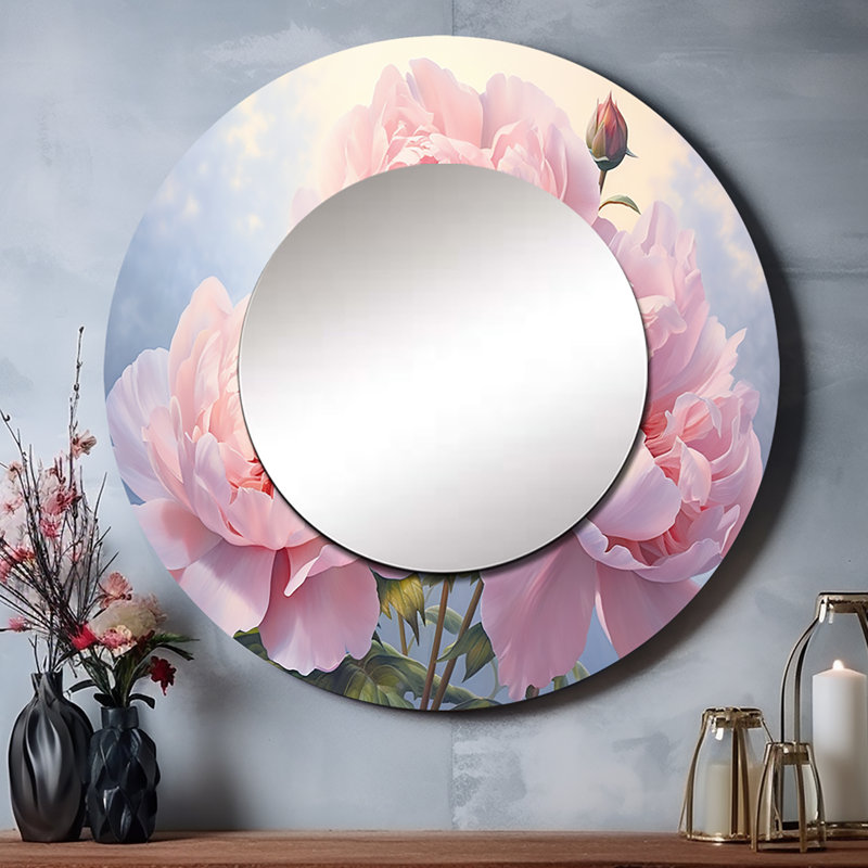 Rose pivoine perfection II - miroir décoratif floral, miroir mural rond traditionnel, impression d'art en métal