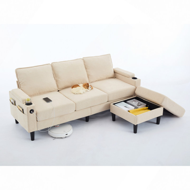 Sectional Sofa, Combo Totally KD 3-Seater Sofa With Storage Ottoman Stool For Living Room Apartment And Bedroom, Beige