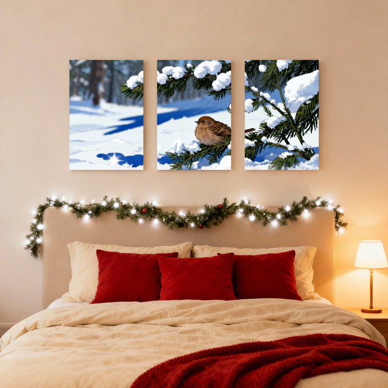 Ensemble de 3 tableaux sur toile tendue représentant un moineau d'hiver sur une branche de pin enneigée, H 30 po x l 60 po