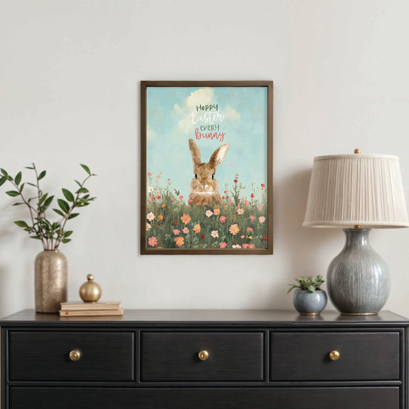 Joyeuses Pâques, chaque lapin, reproduction encadrée brune