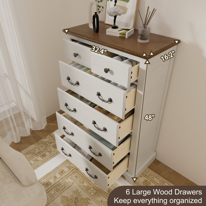 Commode 6 tiroirs Rustic - Bois massif et rangement multi-pièces, Blanc