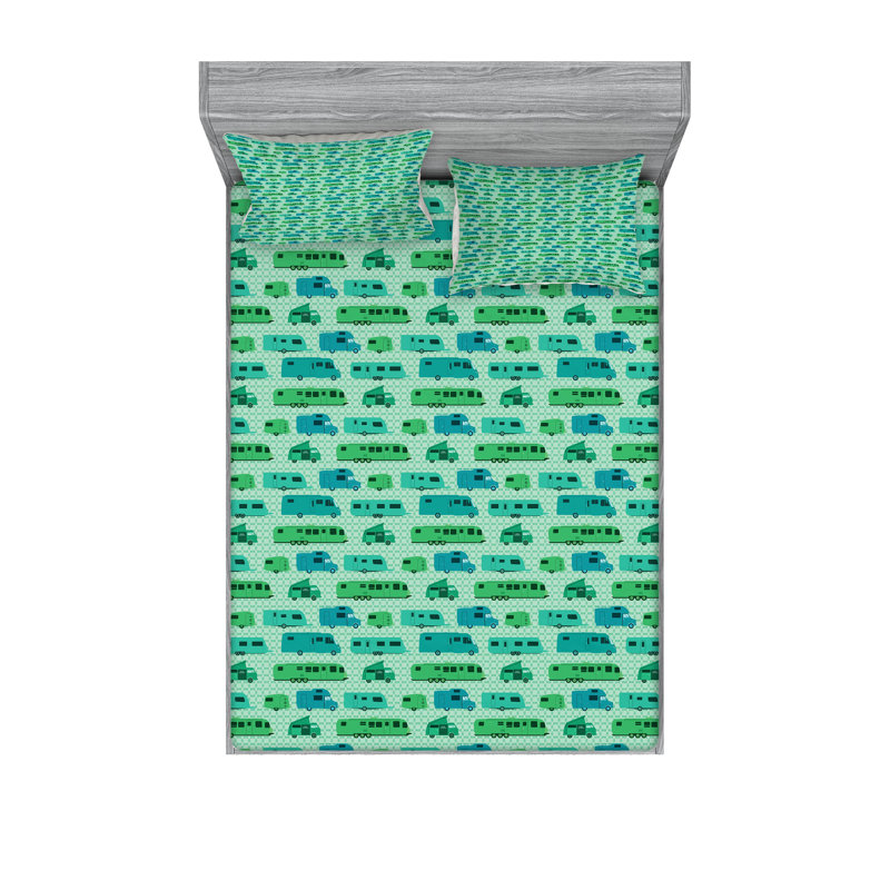 Ambesonne Camper Fitted Sheet & Pillow Sham  Set,  Mint Green and Green, Full Sheet Set with 4 Pillowcases