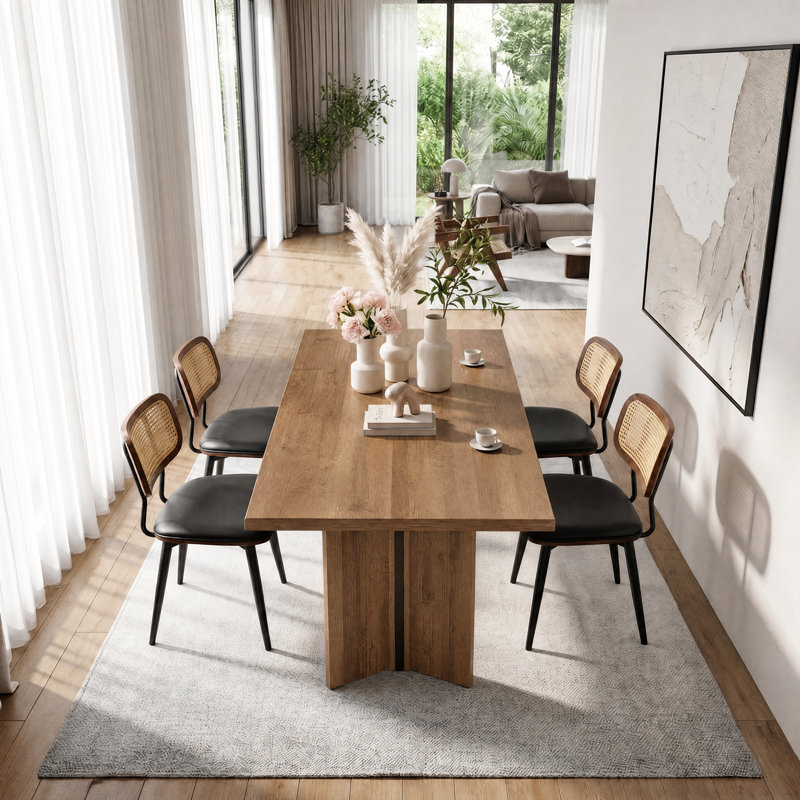 Modern Swivel Faux Leather Dining Chairs With Rattan Back, Black, 4