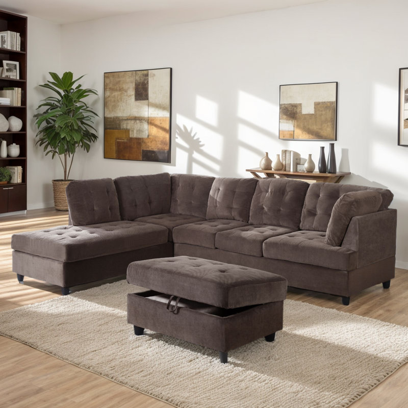 Canapé modulaire rembourré de 112 po avec repose-pieds Boud, Accoudoir à gauche (vu de face), Velours côtelé espresso