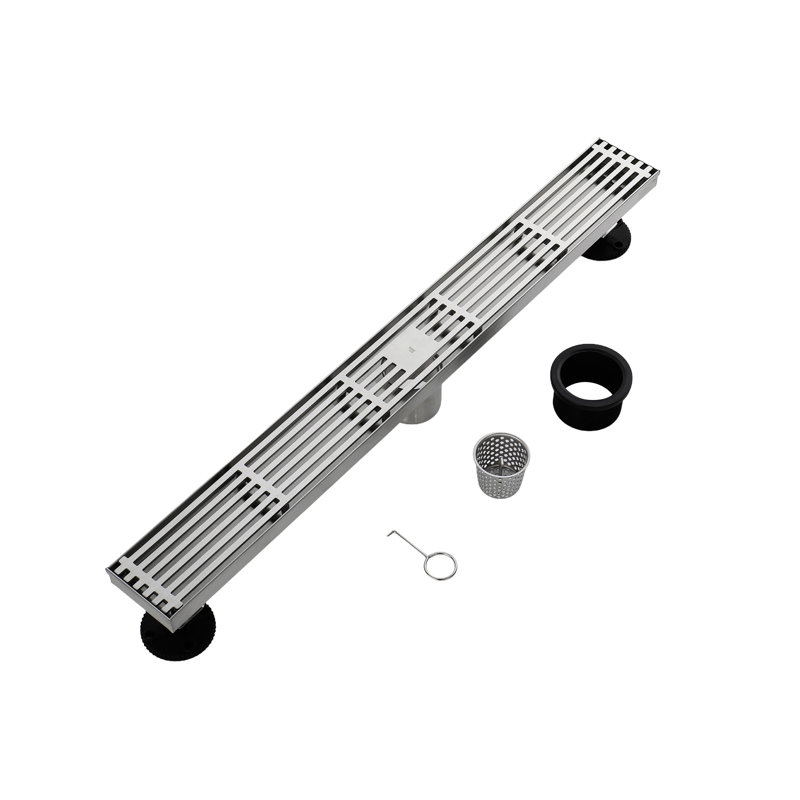 FINE FIXTURES Linear Shower Drain, 36 inch Slotted Grate Design, 10-Gauge 304 Stainless Steel, Center Outlet, Fast Drainage, Hair Strainer Included