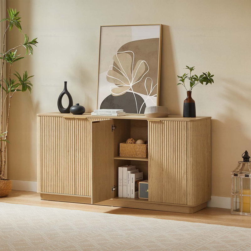Vertical Stripe Buffet Cabinet with Storage,Curved Wave Design, Natural