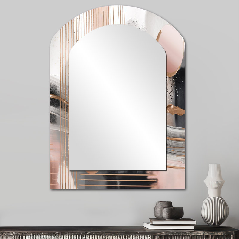 Pink Rosegold Circle Chaos IV - Transitional Shapes Asymmetrical Unique Mirror, Pink Arch Large Wall Mirror, Printed Metal Art