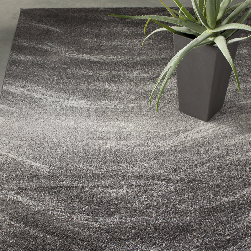 Tapis abstrait Asavira pour le salon, la chambre et la cuisine, gris anthracite / noir, Rond 5 pi