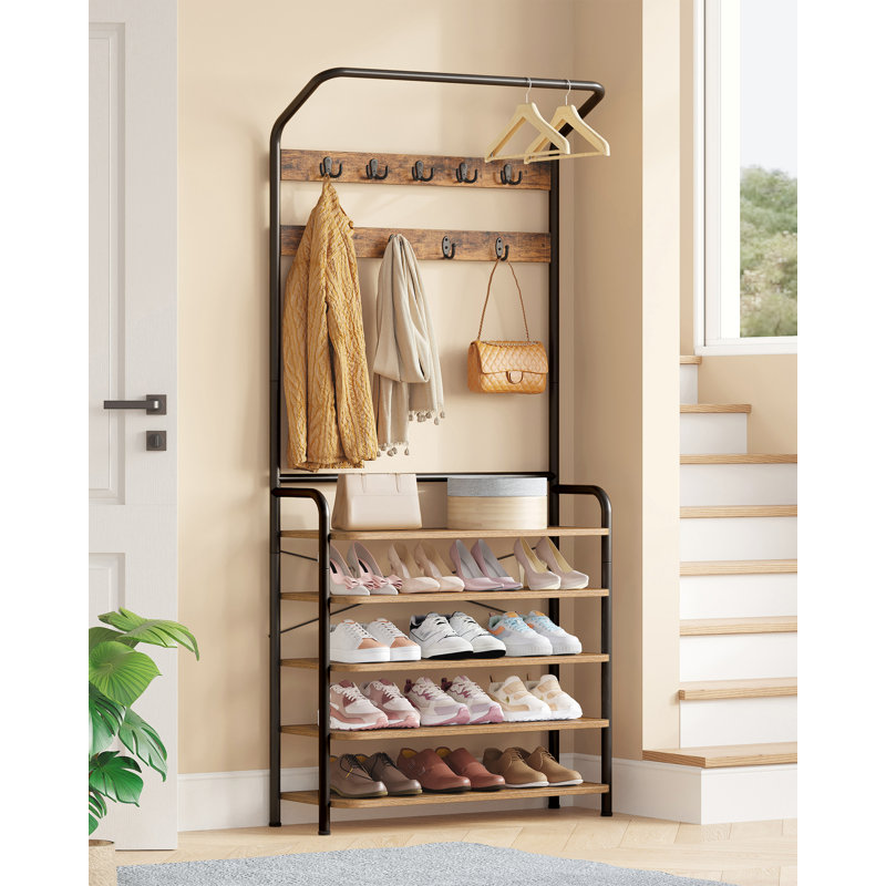 Coat Stand, Coat Rack with Shoe Storage and Adjustable Shelves, FreeStanding Metal Coat Hall Tree with 9 Hooks, 5 Shelves for Hallway, Living Room, Bedroom, Office