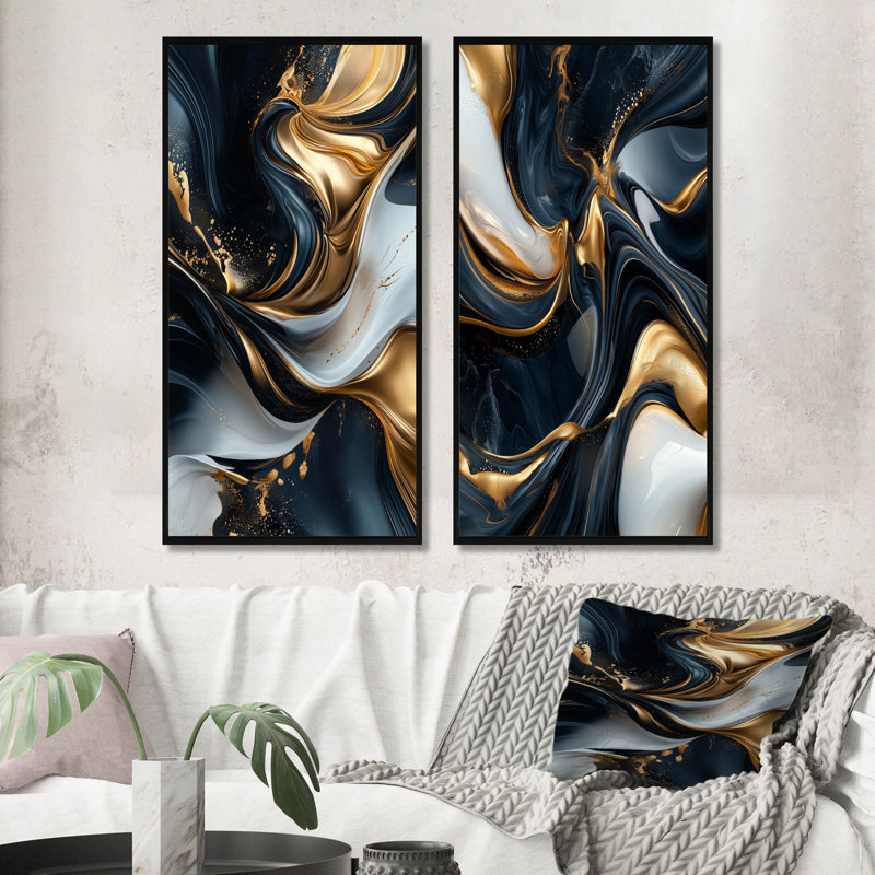 Marbre captivant doré et noir I - ensemble d'art mural abstrait vagues modernes 2 pièces, H 28 po x l 24 po