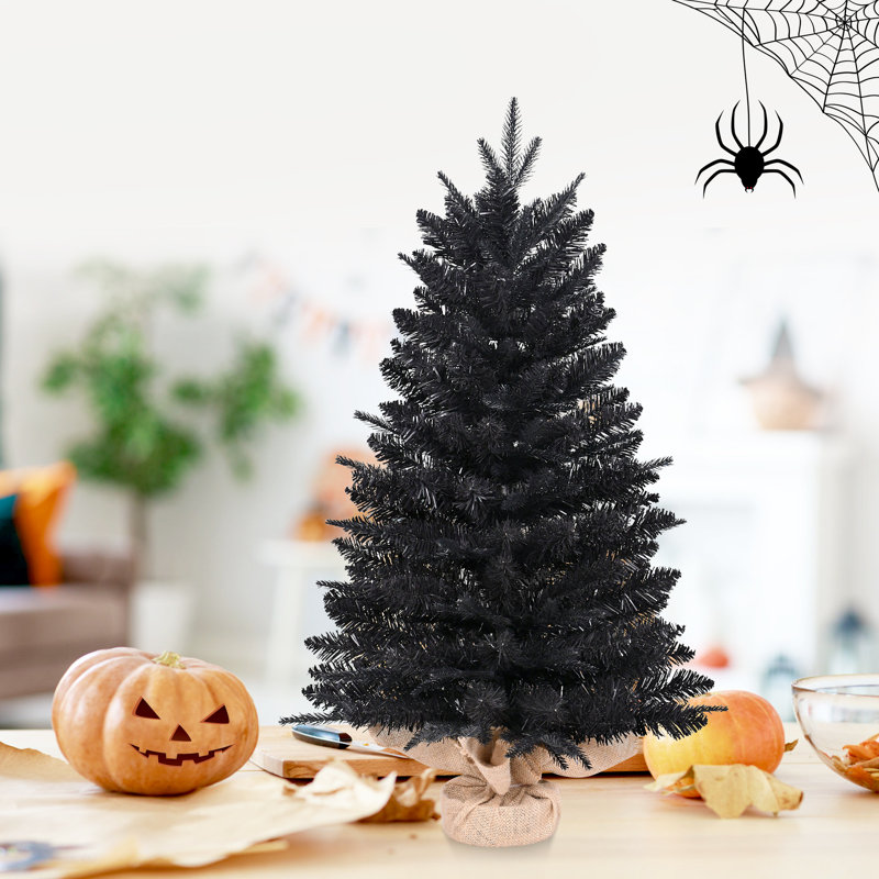 Arbre d'Halloween noir sur table noir avec base en toile de jute, 3' H