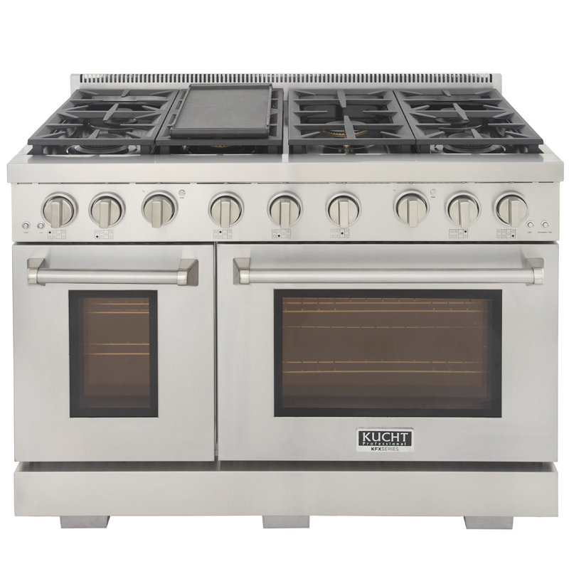 48 in. 6.7 cu. ft. Natural Gas Range Two Ovens in Olive Green with True Simmer Burners, Liquid Propane, Stainless Steel