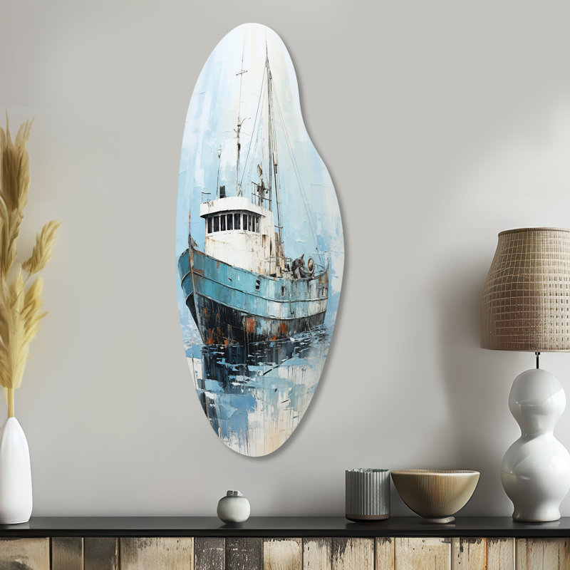 Décoration murale irrégulière en métal bleu et blanc I - Bateau de pêche, H 38 po x l 15 po