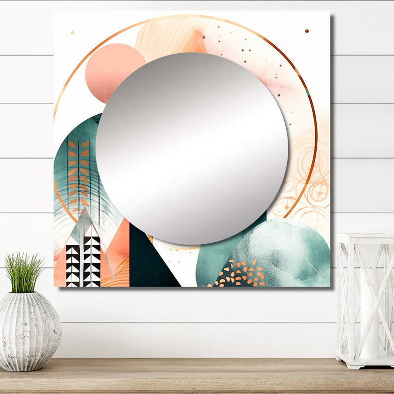 Minimal boho paysage rétro vert terreux - grand miroir carré géométrique pour décoration murale, 23 po x 23 po