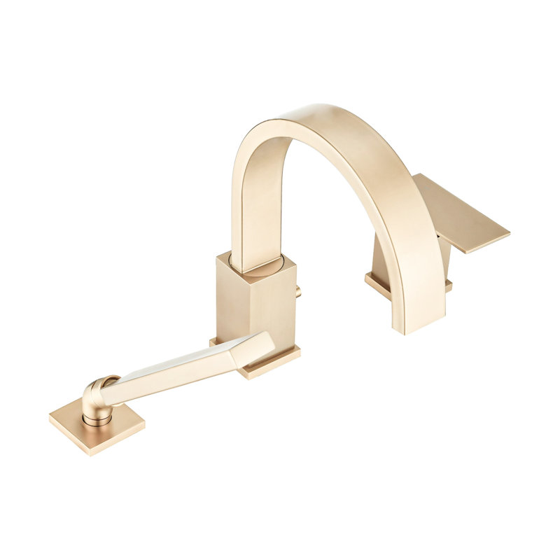 Brushed Gold Deck Mounted Waterfall Tub Faucet With Shower Head. Stainless Steel, Ceramic Cartridge, 2 Gpm Max Flow Rate For Convenience . 3 Roman Filler, 360 Swivel Spout, Steel