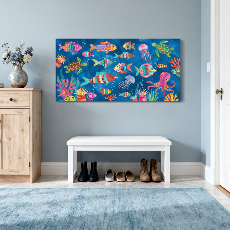 Animals Colourful Sea Creatures Underwater Pattern, 28" H x 58" W