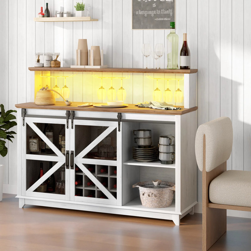 Armoire de bar à café avec lumières à DEL, armoire de rangement de vin de ferme avec support à vin et porte-verres, décor de bar de cuisine, salle à manger à la maison