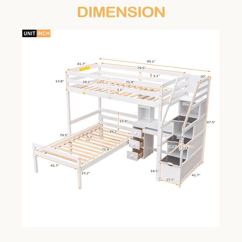 Lit mezzanine simple avec lit autonome, escalier de rangement, bureau, tablettes et tiroirs, Blanc