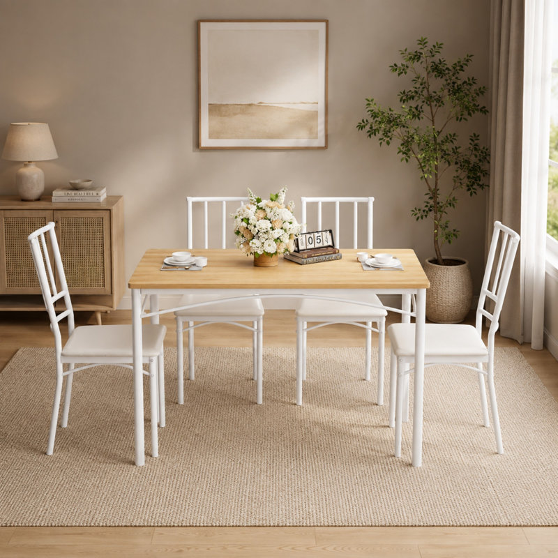 Ensemble de table de salle à manger Kaelvora avec chaises rembourrées en polyuréthane et structure en métal, Brun / Blanc