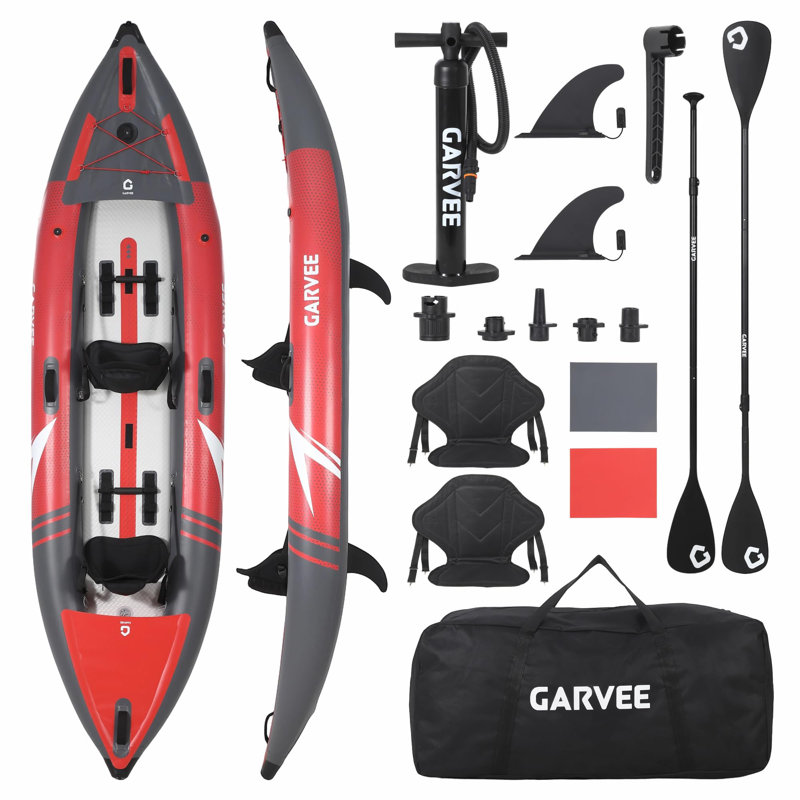 12.5FT 2 Person Inflatable Kayak for Adults, Portable Fishing Touring Kayak Set with Padded Seats, 3 Fins, Pump, Carry Bag, Repair Kit, 450lbs Load Capacity