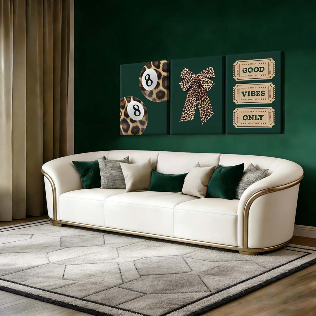 40*30,3Pcs Stylish Leopard Print Canvas Wall Art Trendy Lucky 8 Ball Wall Decoration Emerald Green Bow Posters Prints Paintings.
