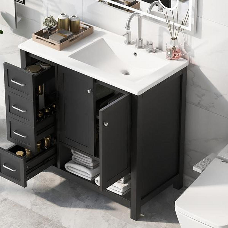 Meuble-lavabo 36 po avec comptoir d'évier, meuble-lavabo avec deux portes et deux tiroirs, bois massif, tablette ouverte, panneaux de fibres à densité moyenne, un paquet, noir