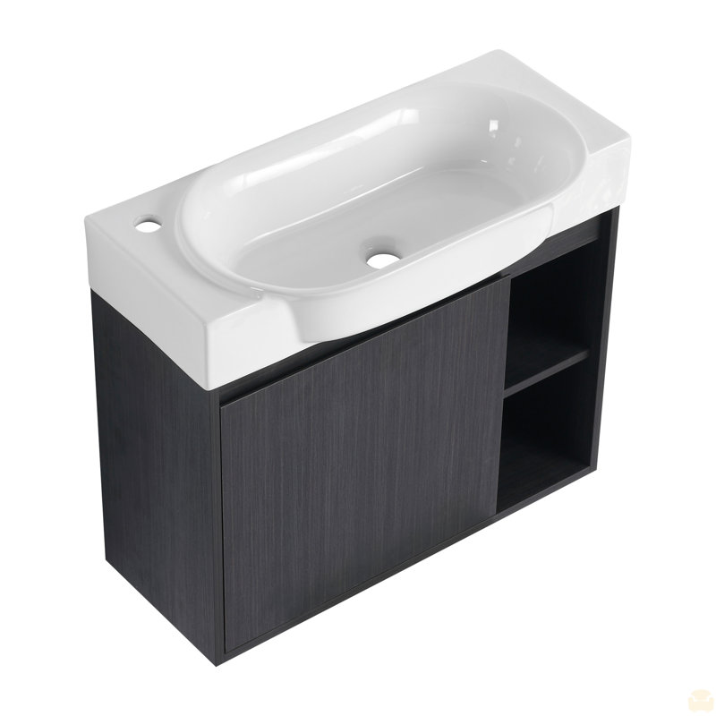 Meuble-lavabo mural 28 po avec lavabo en céramique et porte à fermeture en douceur, emballage KD, Noir châtaignier, 28"