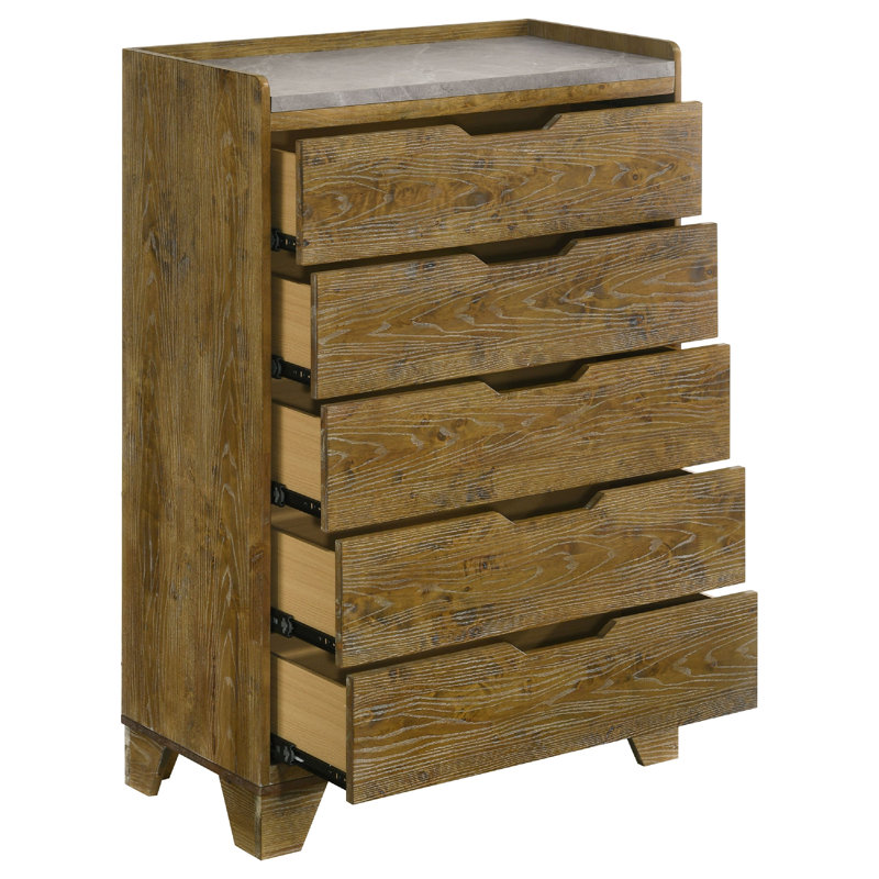 Nolan Tall Dresser Chest With Faux Marble Top, 5 Drawers, Brown Wood