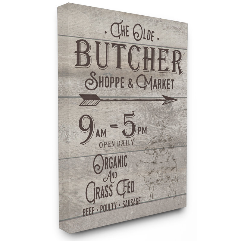 Signe rétro «The Old Butcher Shop» par lettré et doublé - impression d'art textuel, H 30 po x l 24 po, Toile tendue