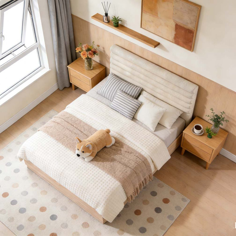 Structure de lit grand en bois avec tête de lit tapissier en tissu Boucle