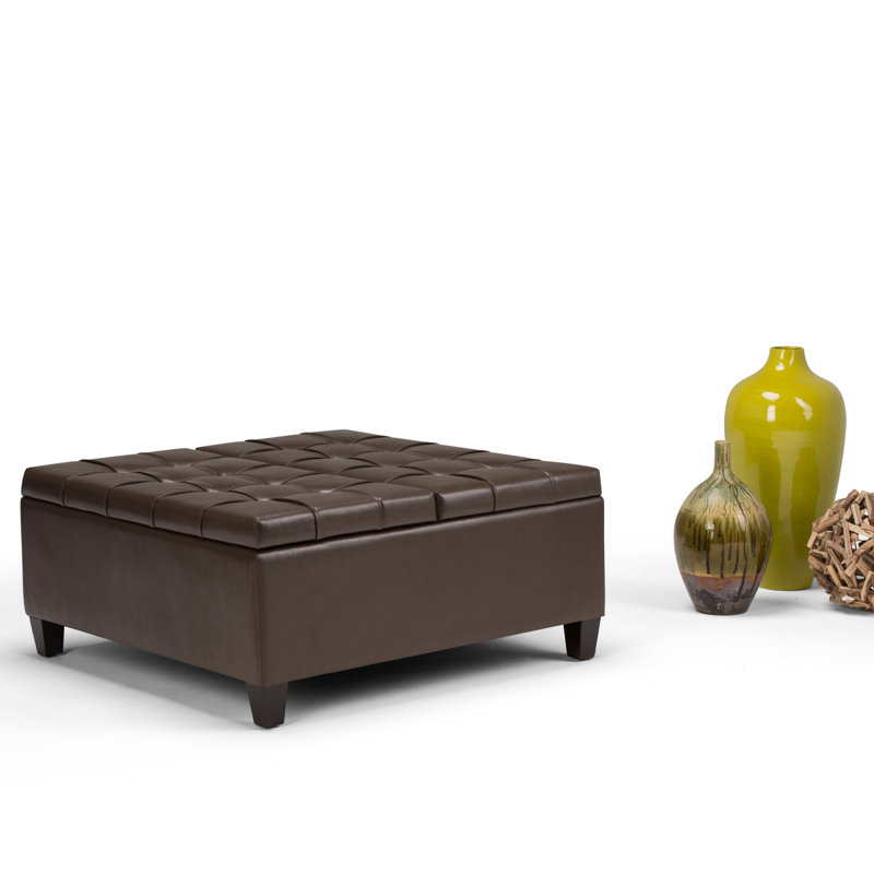 Harrison 36"W Upholstered Vegan Leather Transitional Square Lift-Top Ottoman with Hidden Storage