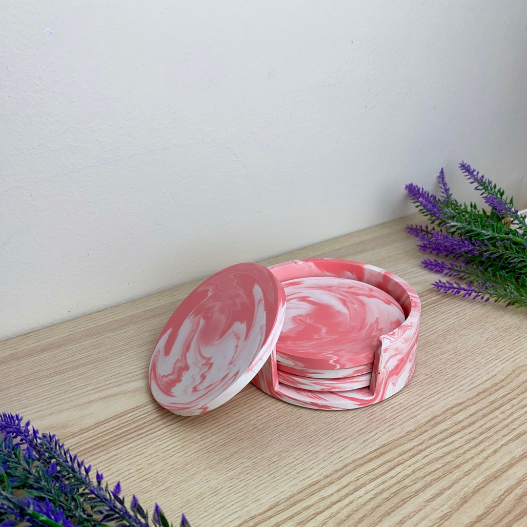 Stoneware Round 4 Piece Coaster Set With Holder