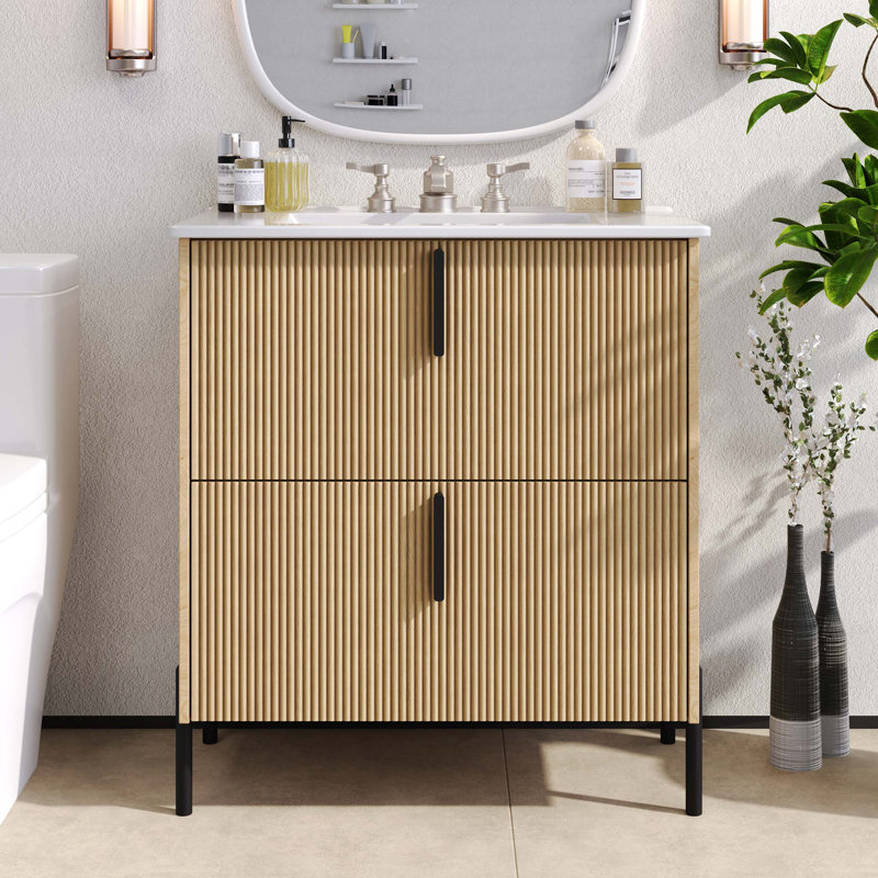 Meuble-lavabo de 30 po avec lavabo en céramique et tiroirs pleine extension, glissières de tiroir à fermeture en douceur, conception cannelée
