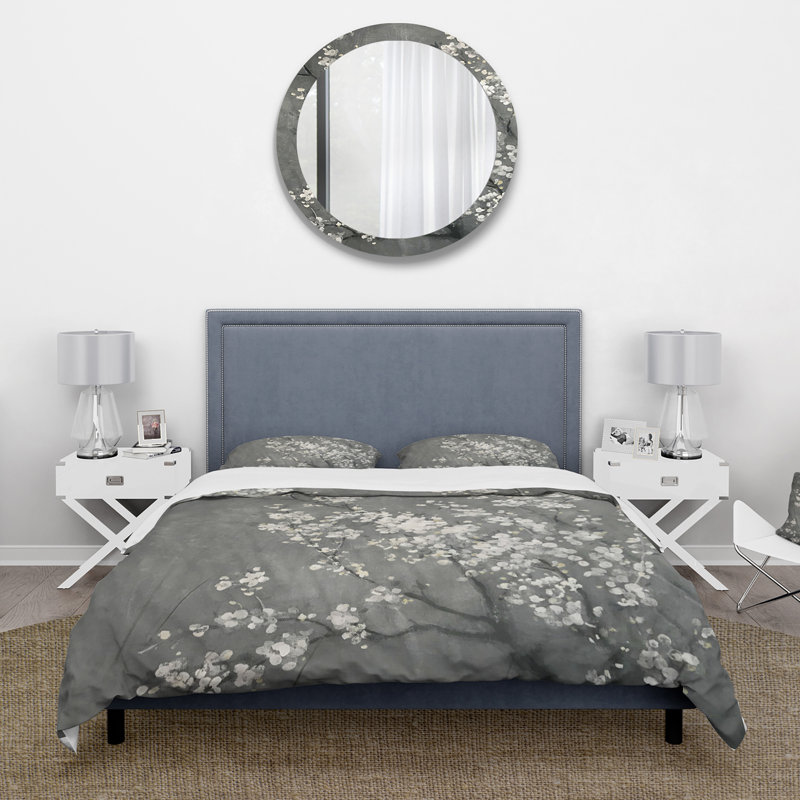 Floral Duvet Cover Set - Cherry Blossoms II Farmhouse, Full/Queen Duvet Cover + 2 Shams