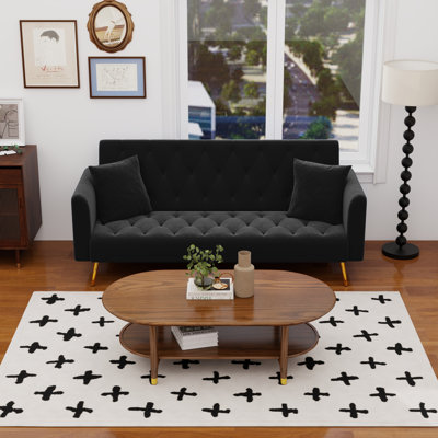 71" Modern Velvet Sofa Bed Futon, Convertible Sleeper Couch With Adjustable Backrest, Tufted Recliner Loveseat With Golden Chrome Legs & 2 Pillows For Small Spaces, Living Room, Apartment