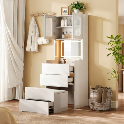 31 Vanity Table With 64.64 In Height, 18.47 Depth, 16.14 Width, 78.25 Lb Weight, Led Mirror, 5 Storage Spaces, White , Stool For Bedroom Stool,