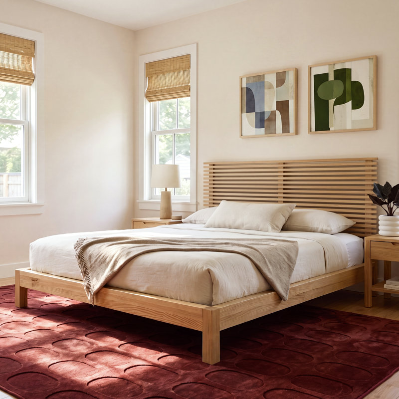 Finnian Unfinished Solid Wood Platform Bed, Queen, Light Oak
