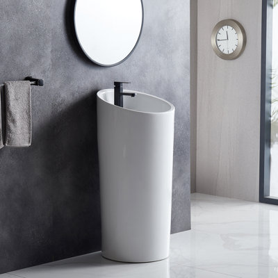 Reno 38" Tall White Ceramic Circular One-Piece Freestanding Pedestal Bathroom Sink with Overflow