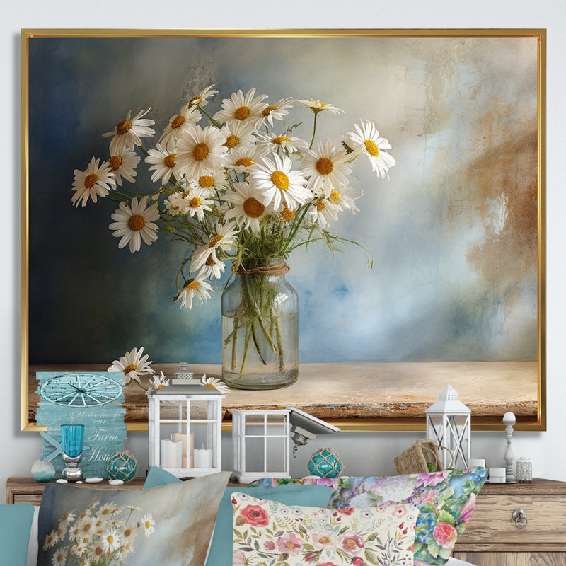Bouquet de marguerites blanches - sérénité II, Cadre flottant doré, L 32 po x H 16 po x P 1 po